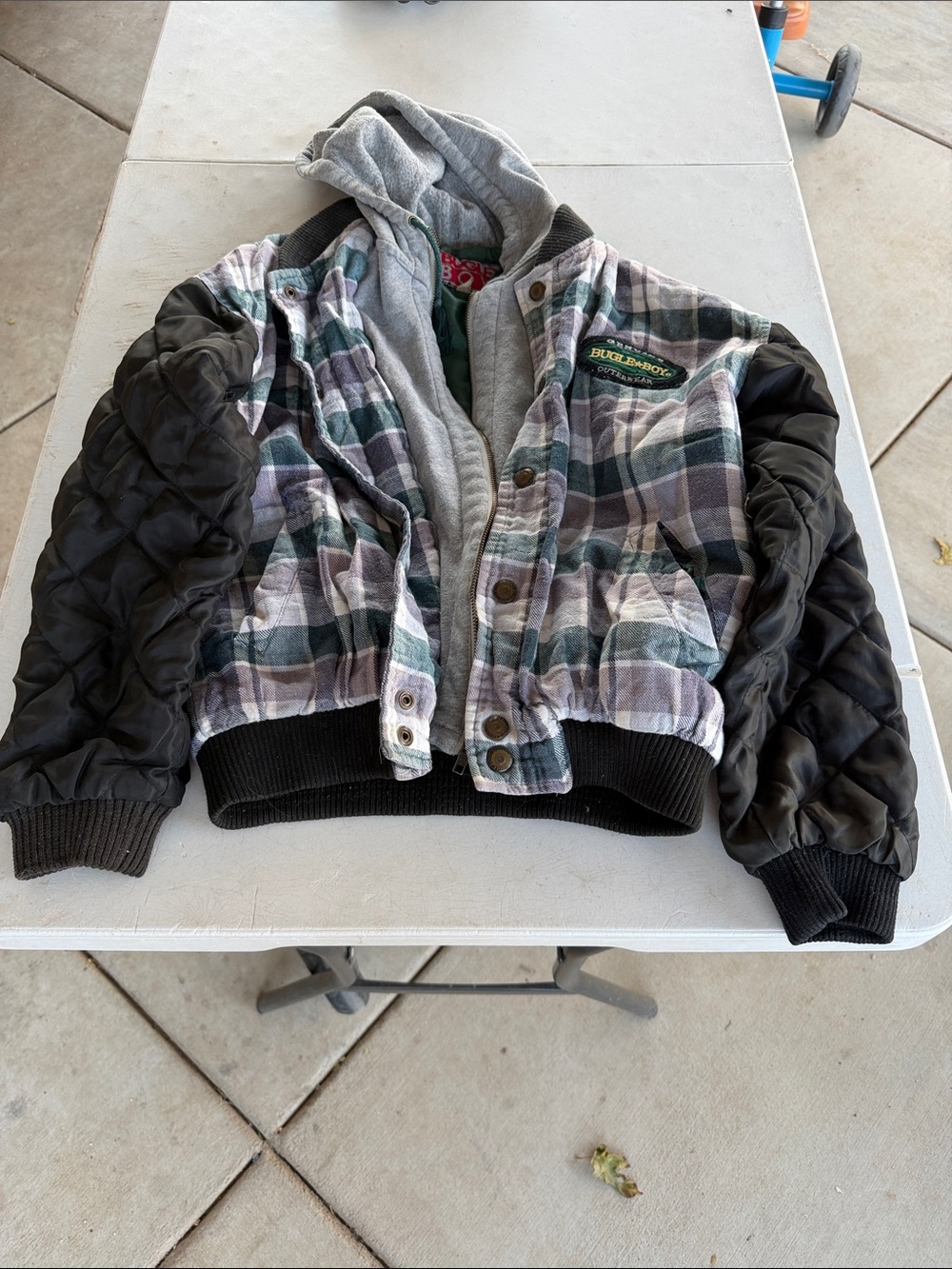 Vintage 1990s Bugle Boy Plaid Jacket with Black Quilted Sleeves